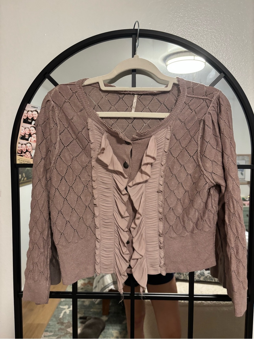 Free People Dusty Mauve Ruffle Front Knit Sweater Cardigan